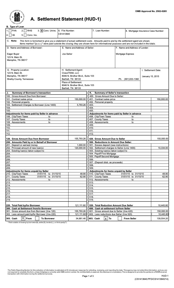 Settlement Statement Example 3